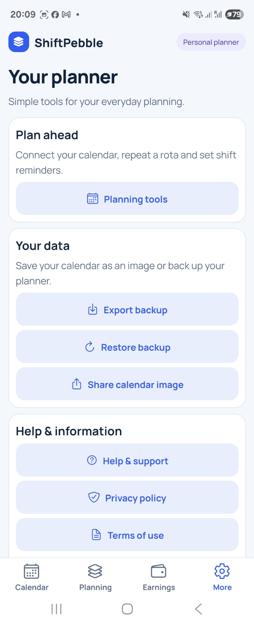 ShiftPebble planner tools showing export backup, restore backup and share calendar image