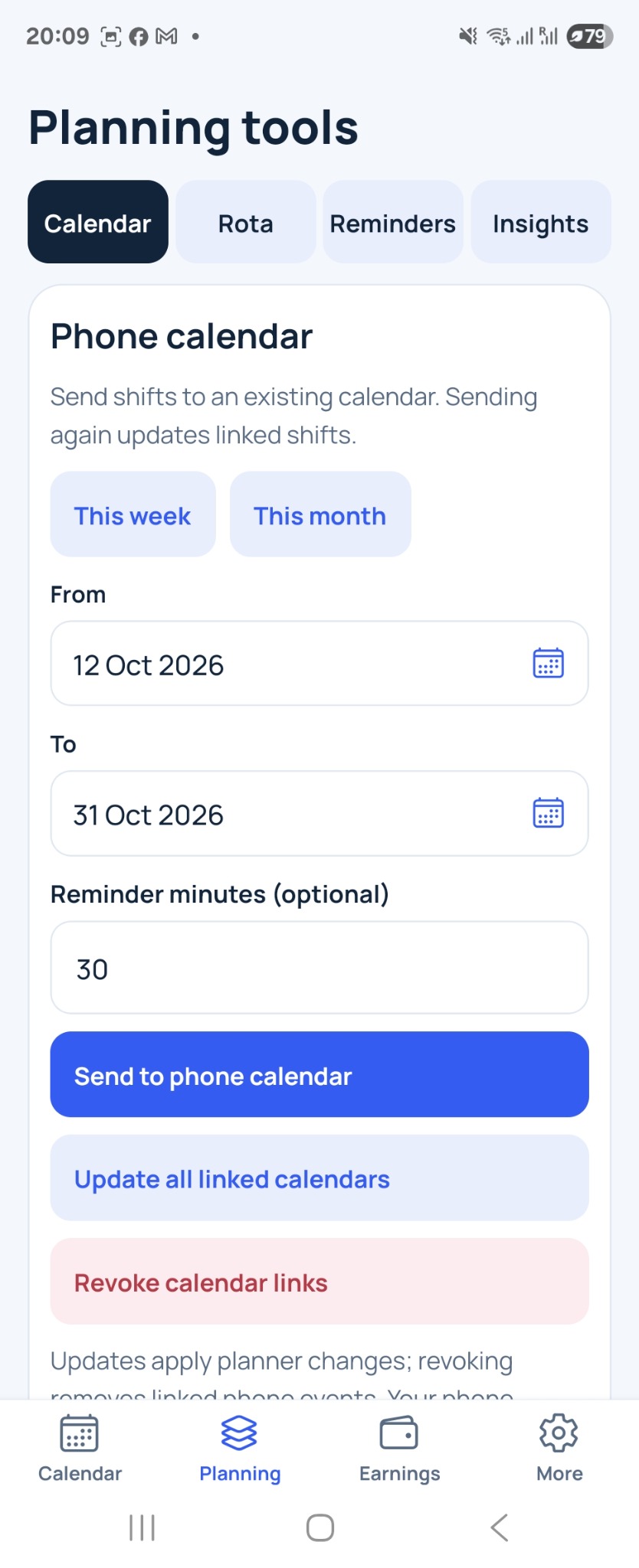 ShiftPebble phone calendar screen with date range and send-to-calendar controls