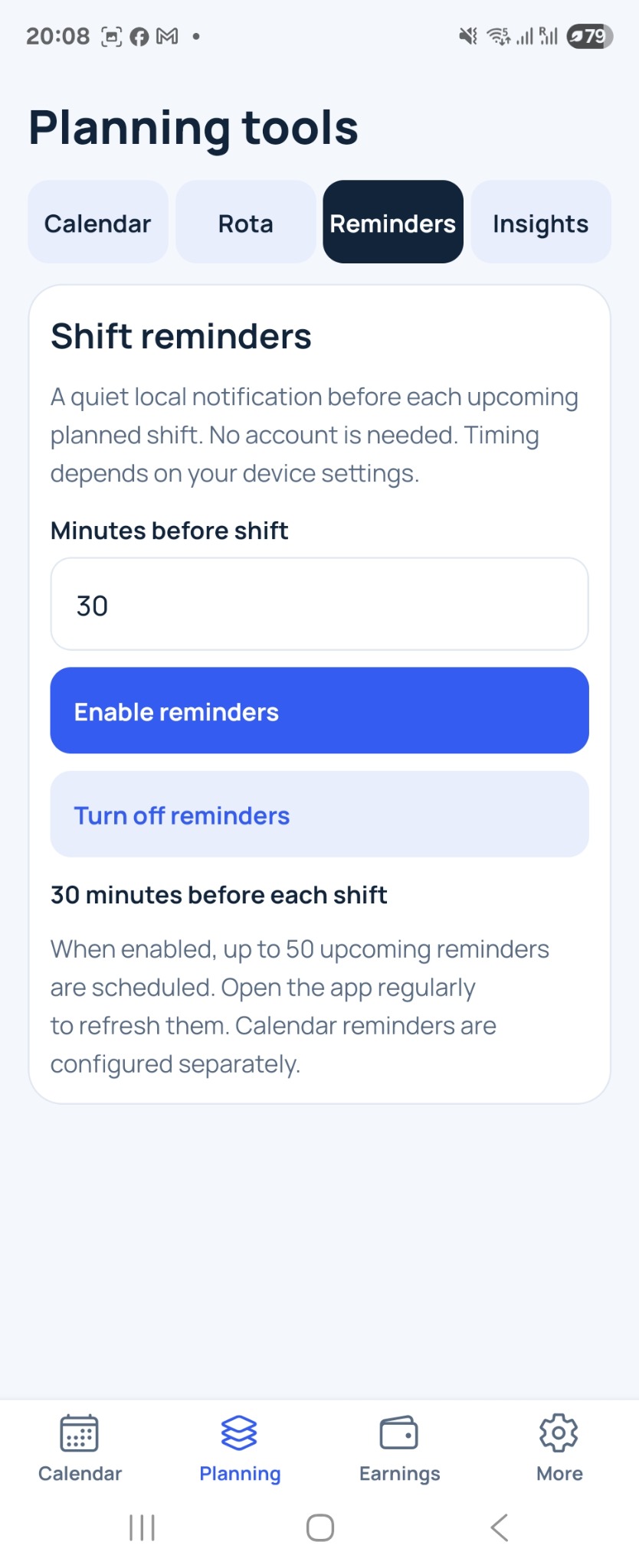 ShiftPebble local shift reminder settings